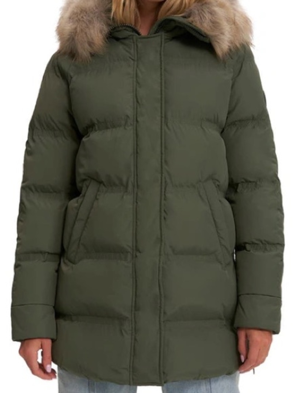 Noize Olive Faux-Fur Trim Puffer Coat